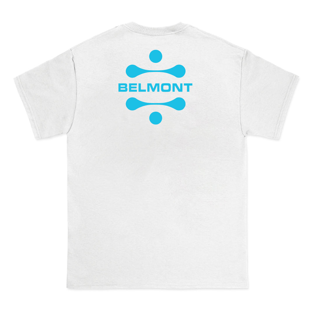 White T-shirt by Belmont featuring a blue abstract logo and bold blue BELMONT lettering centered on the upper back—a versatile must-have for women’s style enthusiasts.