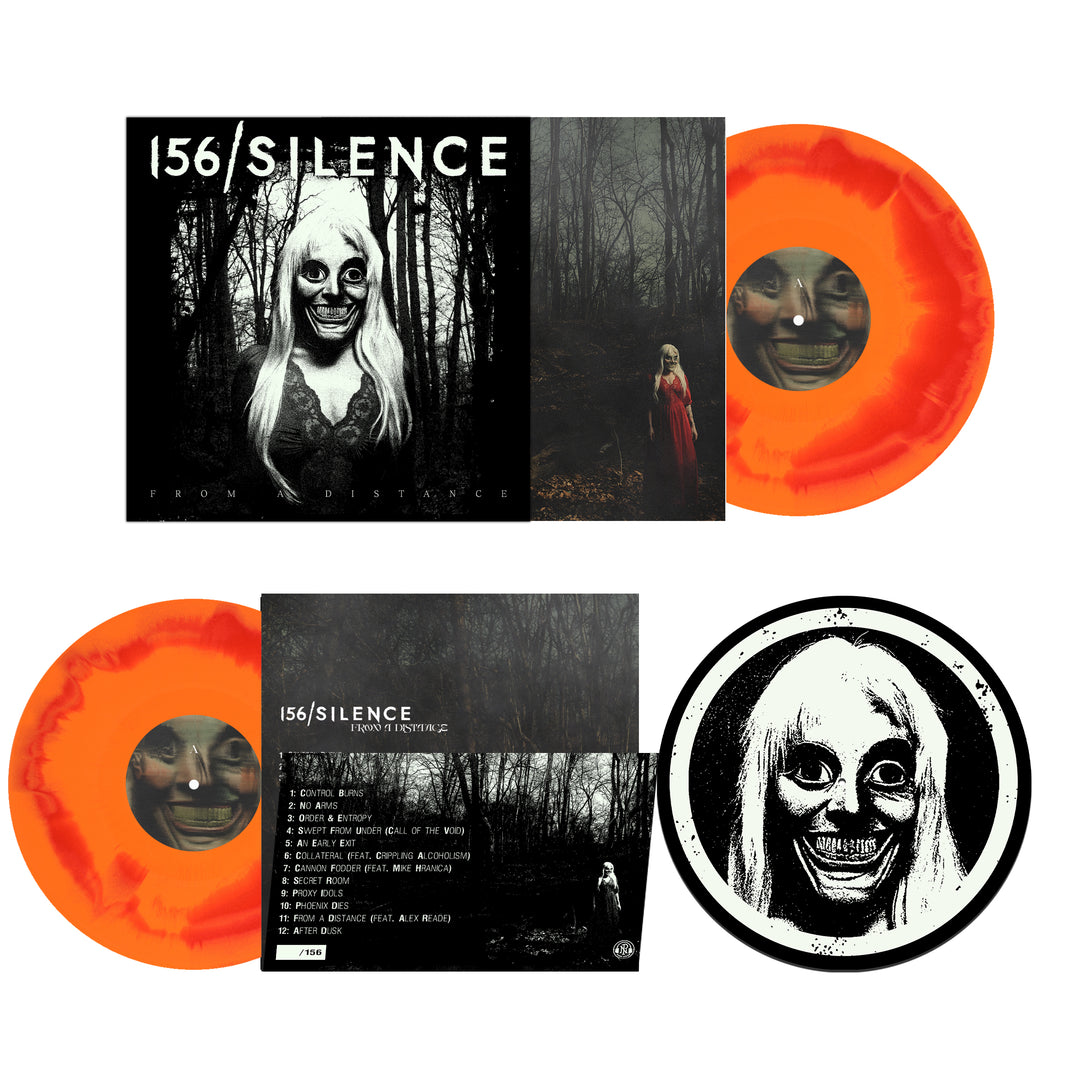Vinyl presale: The 156/Silence From A Distance album set boasts exclusive orange marbled vinyl, a chilling masked figure on its cover against a shadowy forest backdrop, and an intricate tracklist displayed on the back. One record features a dramatic black-and-white close-up of the mask’s face, making this presale edition from 156/Silence essential for any collector.