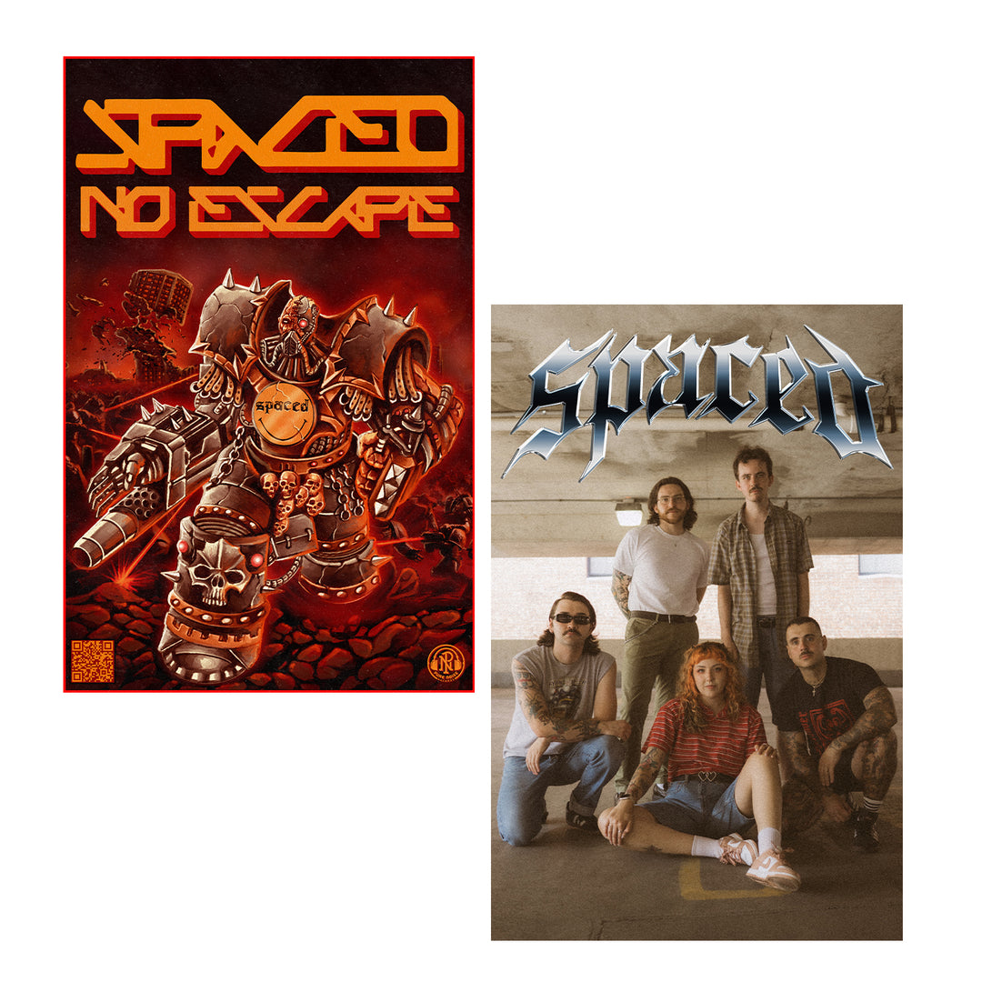 Two images: Left, a sci-fi warrior in spiked armor with “Spaced: No Escape”; right, five band members pose under bold metallic “Spaced” text. Brand: Spaced.