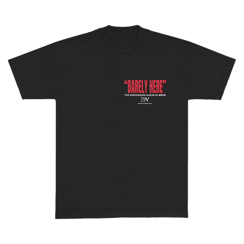 A black KOYO T-shirt with "BARELY HERE" in large red letters and "THE SOPHOMORE ALBUM BY KOYO" in small white text. Pair it with Black Boxer men's underwear for a bold, casual look.