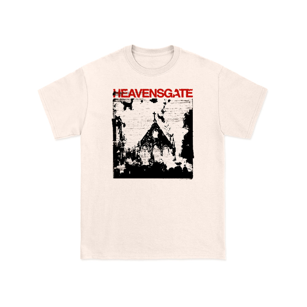 Heavensgate natural beige t-shirt with a distressed black-and-white gothic building graphic and bold red "ANGEL HYMNS" lettering across the top.