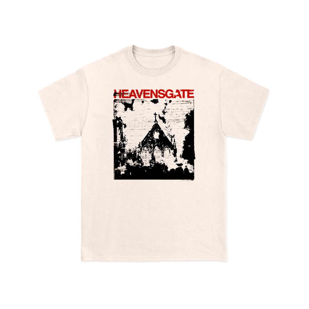 Heavensgate natural beige t-shirt with a distressed black-and-white gothic building graphic and bold red "ANGEL HYMNS" lettering across the top.