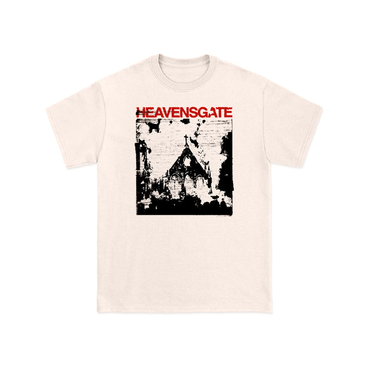 Heavensgate natural beige t-shirt with a distressed black-and-white gothic building graphic and bold red "ANGEL HYMNS" lettering across the top.