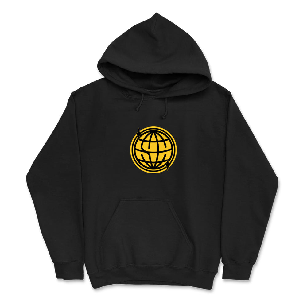 A black printed sweatshirt from State Champs, featuring a yellow globe symbol with three arrows circling it on the chest—perfect custom apparel for a bold, modern look.