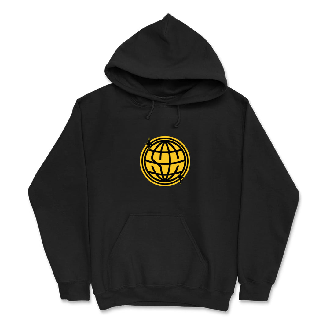 A black printed sweatshirt from State Champs, featuring a yellow globe symbol with three arrows circling it on the chest—perfect custom apparel for a bold, modern look.