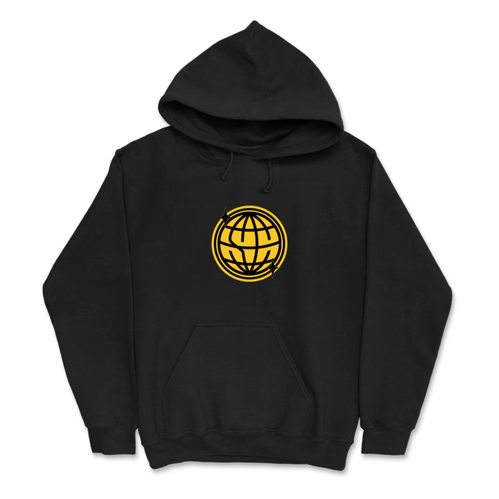 A black printed sweatshirt from State Champs, featuring a yellow globe symbol with three arrows circling it on the chest—perfect custom apparel for a bold, modern look.