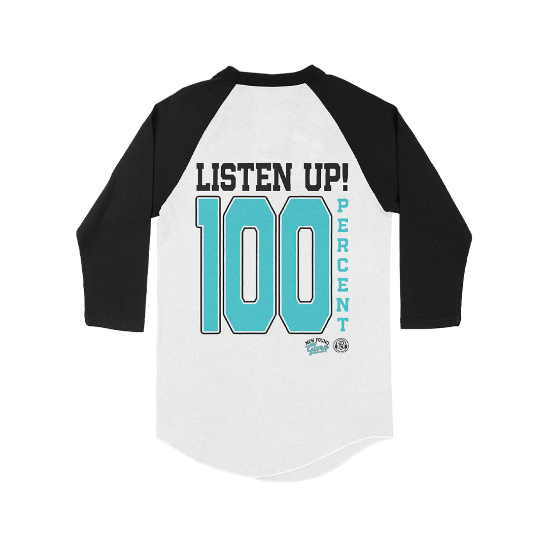 New Found Glory’s white raglan shirt with black 3/4 sleeves features bold “Listen Up!” text and a large teal “100 Percent” graphic on the back—ideal to pair with your favorite black headphones.