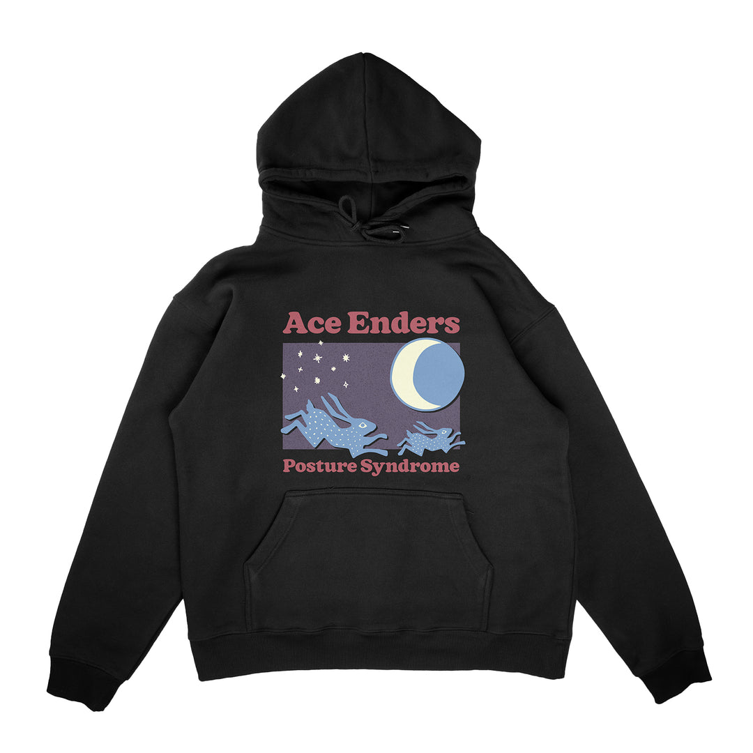 Ace Enders black hoodie with two blue rabbits running under a starry sky and crescent moon, “Ace Enders” at the top, “Posture Syndrome” at the bottom; crafted on Independent Midweight Pullovers for comfort.