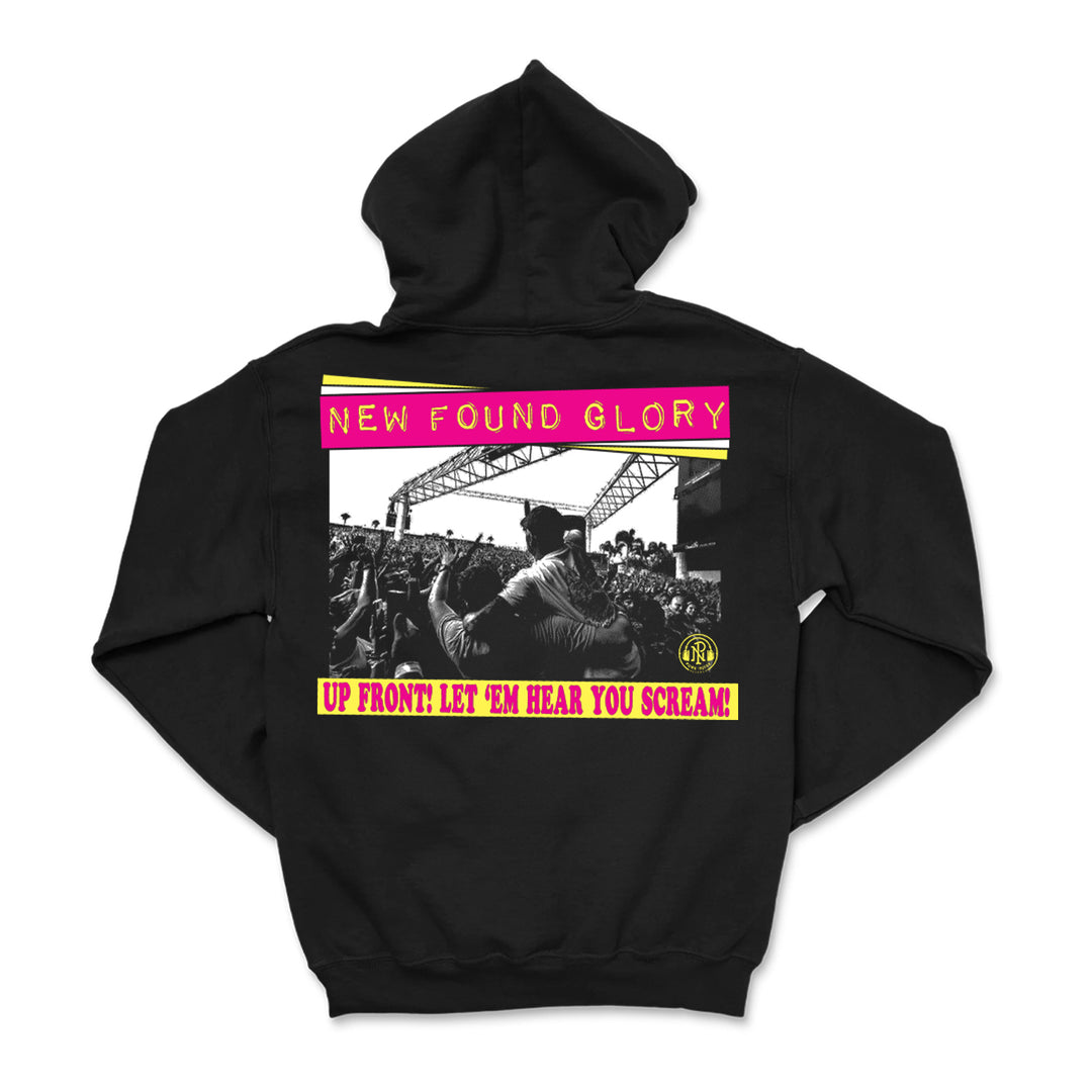 Black hoodie by New Found Glory with a large concert crowd graphic on the back, plus bold yellow and pink “New Found Glory” and “Up Front: Let ‘Em Hear You Scream!” text—ideal for a striking, layered outfit.