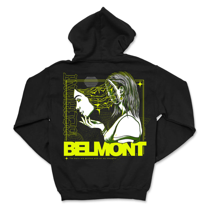 Belmont black pullover hoodie with neon yellow artwork of a woman lifting a surreal mask, BELMONT bold below, and “The walls are painted with all my thoughts.” Part of the Mask V2 collection.
