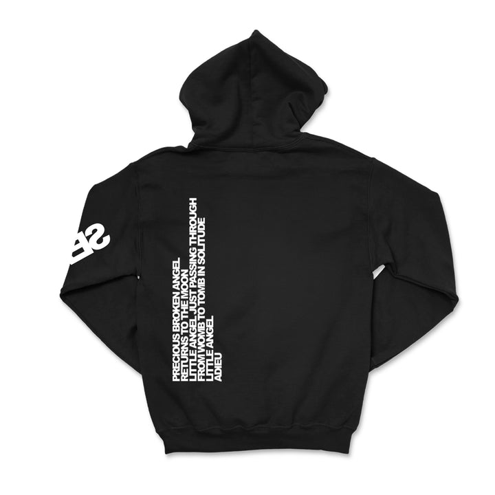 Black hooded Seahaven pullover with white "S4" on the sleeve and bold phrases like PRECIOUS BROKEN ANGEL and ADIEU in vertical print down the back. Midweight, from Independent Trading Company.