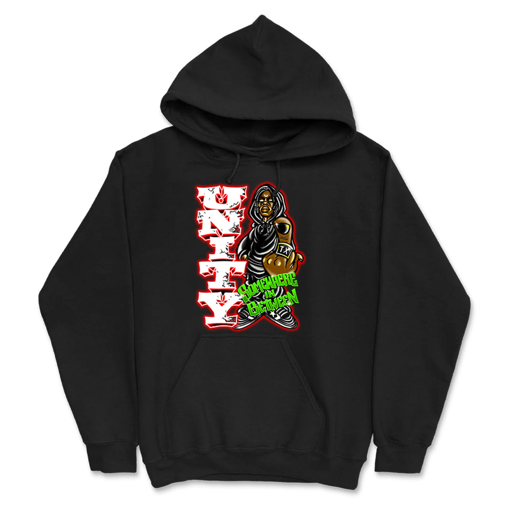 Black hoodie from UNITYTX featuring bold, graffiti-style NYC text in white and red, a cartoon figure in urban clothing with gold chain and spray paint, plus "Supreme Dream" in green graffiti—your ultimate custom printed sweatshirt.