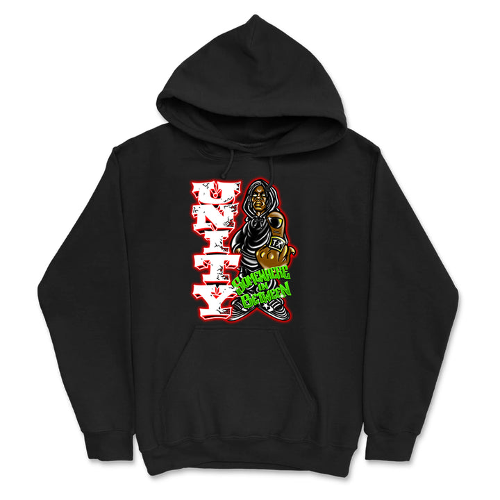 Black hoodie from UNITYTX featuring bold, graffiti-style NYC text in white and red, a cartoon figure in urban clothing with gold chain and spray paint, plus "Supreme Dream" in green graffiti—your ultimate custom printed sweatshirt.