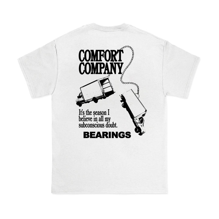 White t-shirt by Bearings with black graphic of two sketched delivery trucks, a white truck chain, and COMFORT COMPANY 2. It’s the season I believe in all my subconscious doubt. BEARINGS. Ideal for truck accessory fans.