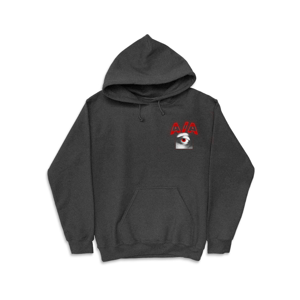A Charcoal Heather black hooded sweatshirt by Action/Adventure with a front pocket, red AIA text, and a human eye graphic on the upper left chest—perfect for fans of the Ever After collection.