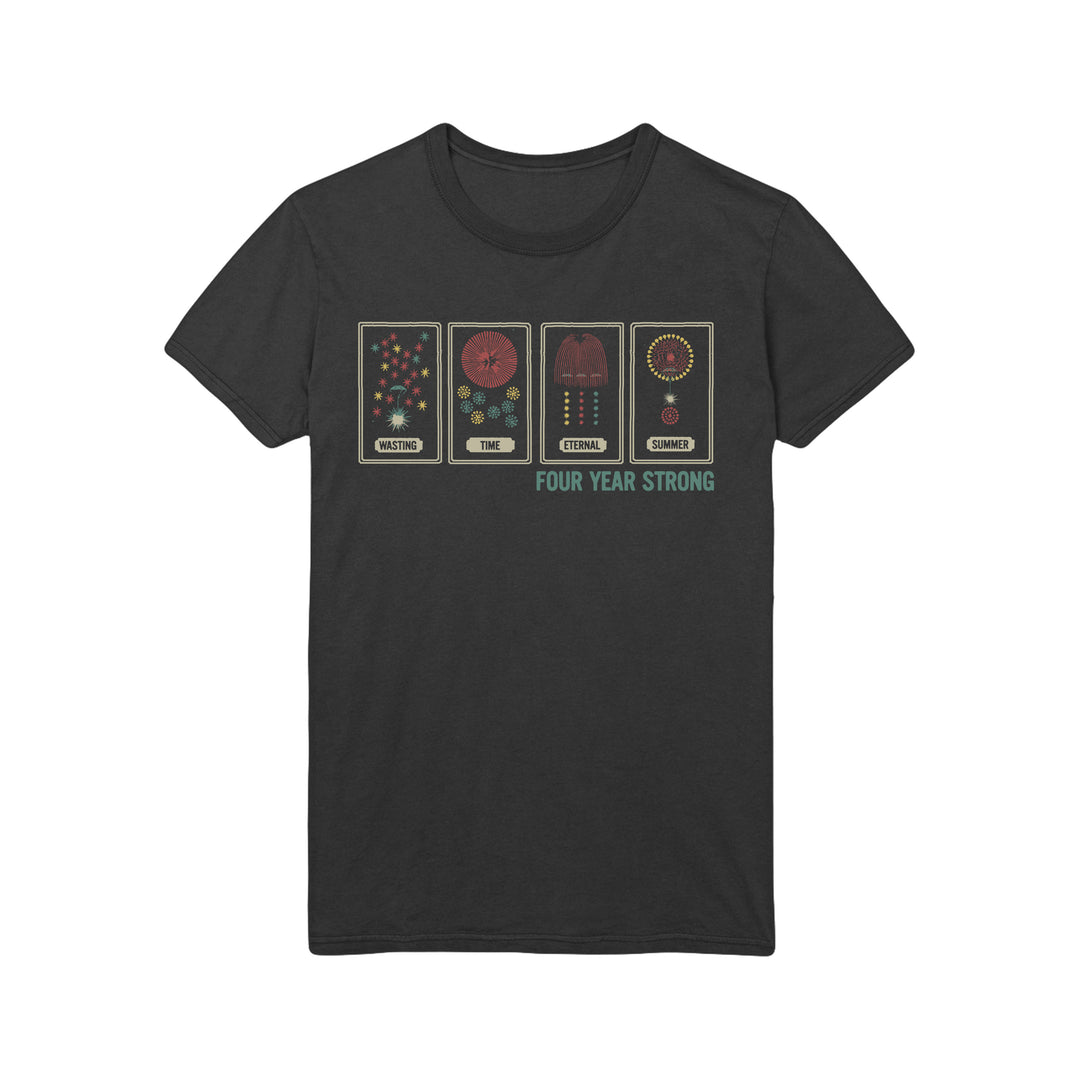 A black Four Year Strong T-shirt with four stylized tarot cards labeled WASTING, TIME, ETERNAL, and SUMMER, and the bands name in teal below.