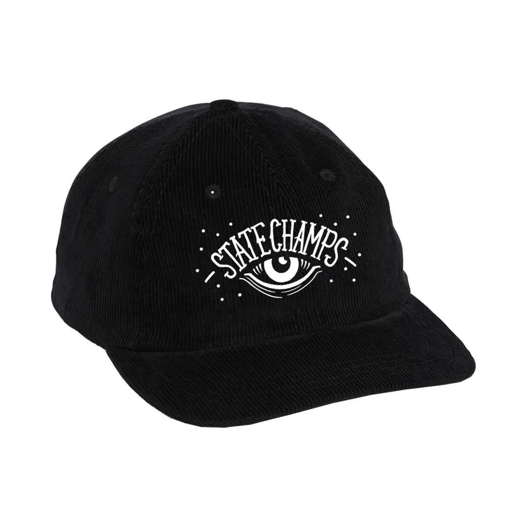 The State Champs Eye Black Dad Hat is black corduroy with an embroidered eye and rays graphic plus "State Champs" in white on the front.