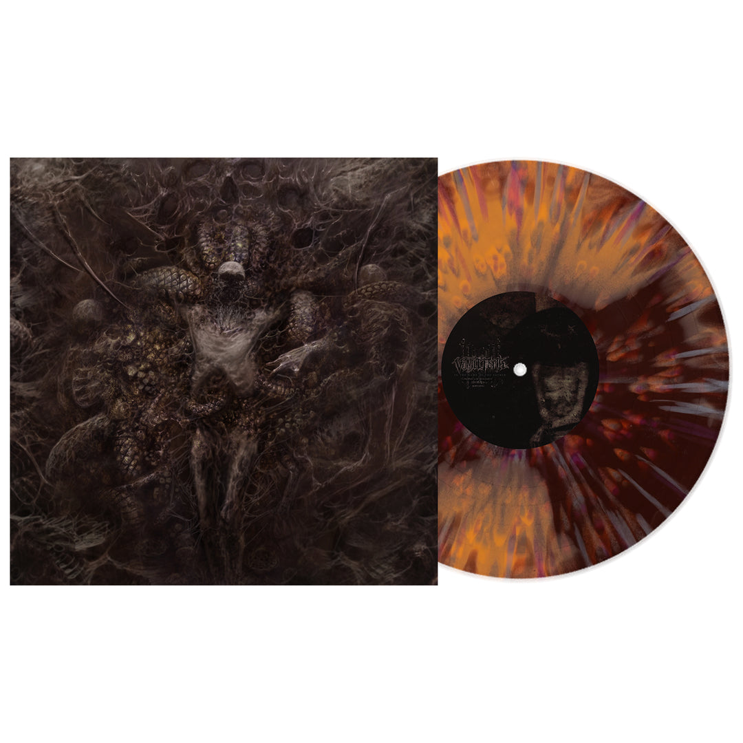 A marbled orange, yellow, and brown vinyl LP from Vomit Forth sits beside an album cover with dark, abstract art and an ominous, organic texture—a striking presale exclusive ahead of release.