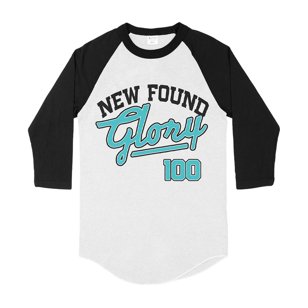 A white and black raglan shirt from New Found Glory with "NEW FOUND Glory 100" in bold black and turquoise on the chest—perfect to pair with your favorite black headphones.