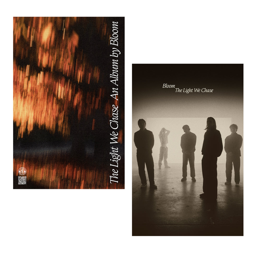 Two album covers: left shows blurred warm lights with “The Light We Chase – An Album by Bloom”; right depicts five silhouettes in a foggy, backlit room with bold text, “Bloom – The Light We Chase” by Bloom.