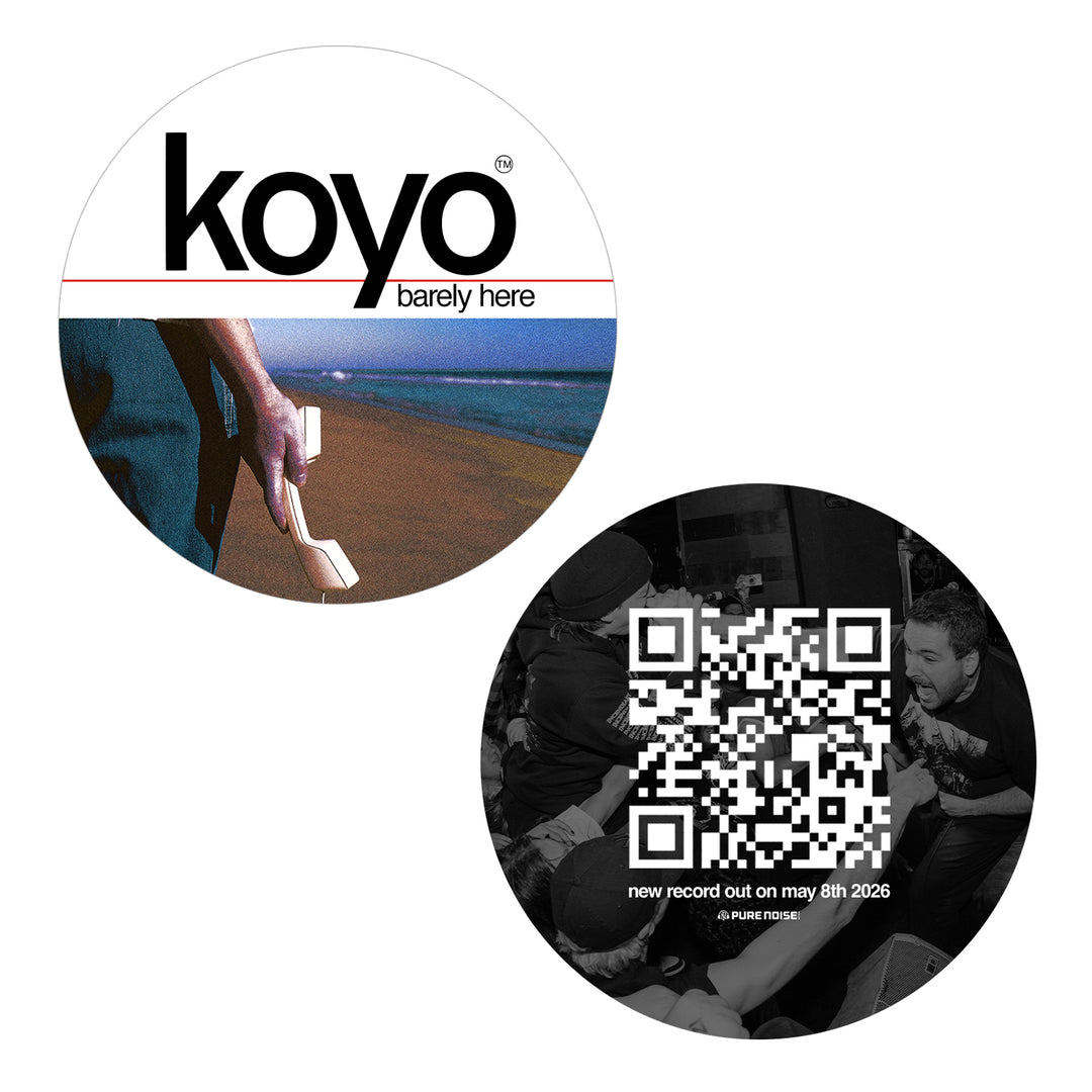 Two circular stickers: one shows KOYO and Barely Here with a hand holding shoes by the ocean; the other has a QR code over a black-and-white photo with text about Barely Here's new record out May 8th, 2026.