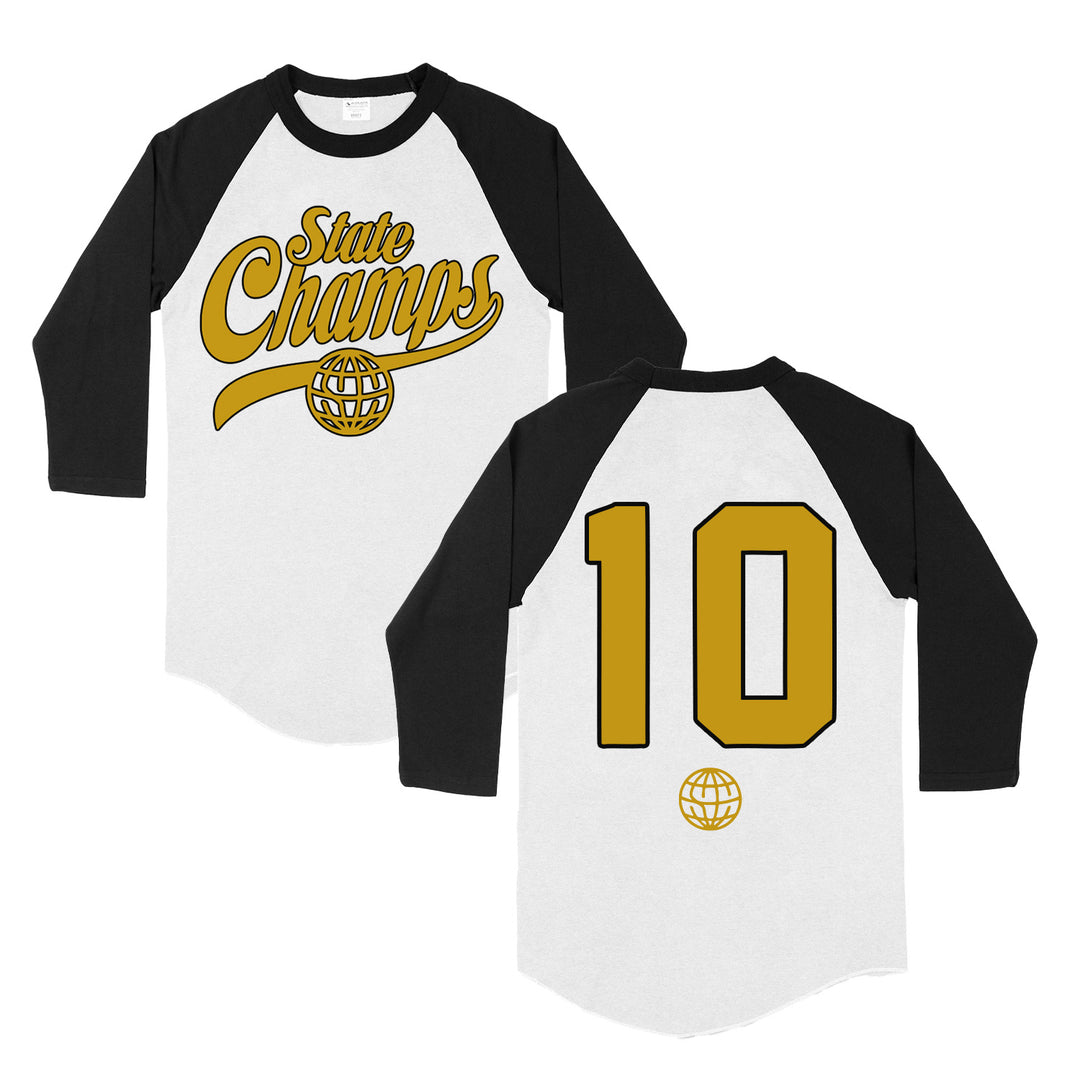 A white and black State Champs Tultex raglan shirt with a gold globe logo on the front, and a large gold number 10 with globe logo on the back.