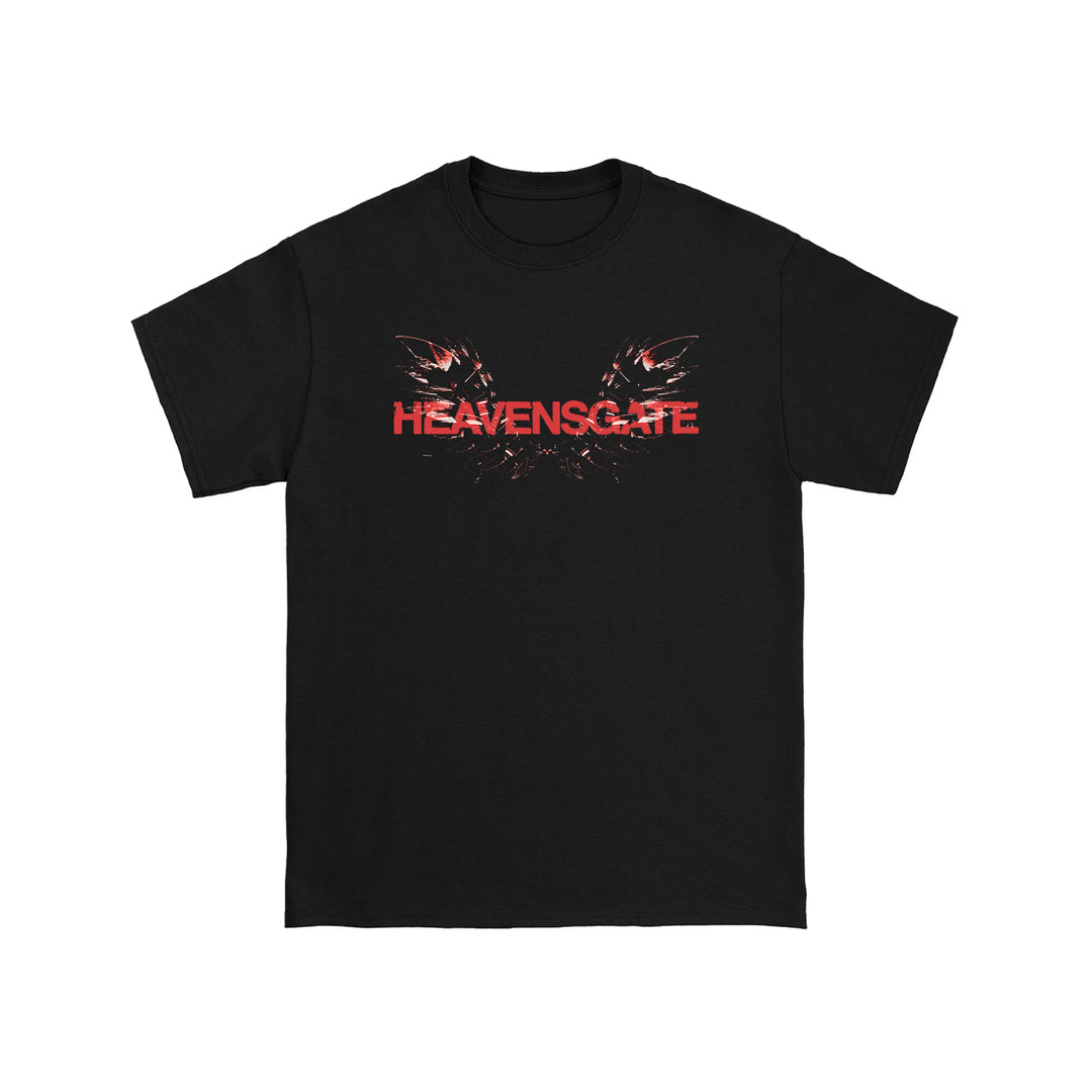 Black Heavensgate t-shirt with bold red, distressed HEAVENSGATE text and wing-like designs—pair with black shoes for a complete ANGEL HYMNS-inspired grunge look.