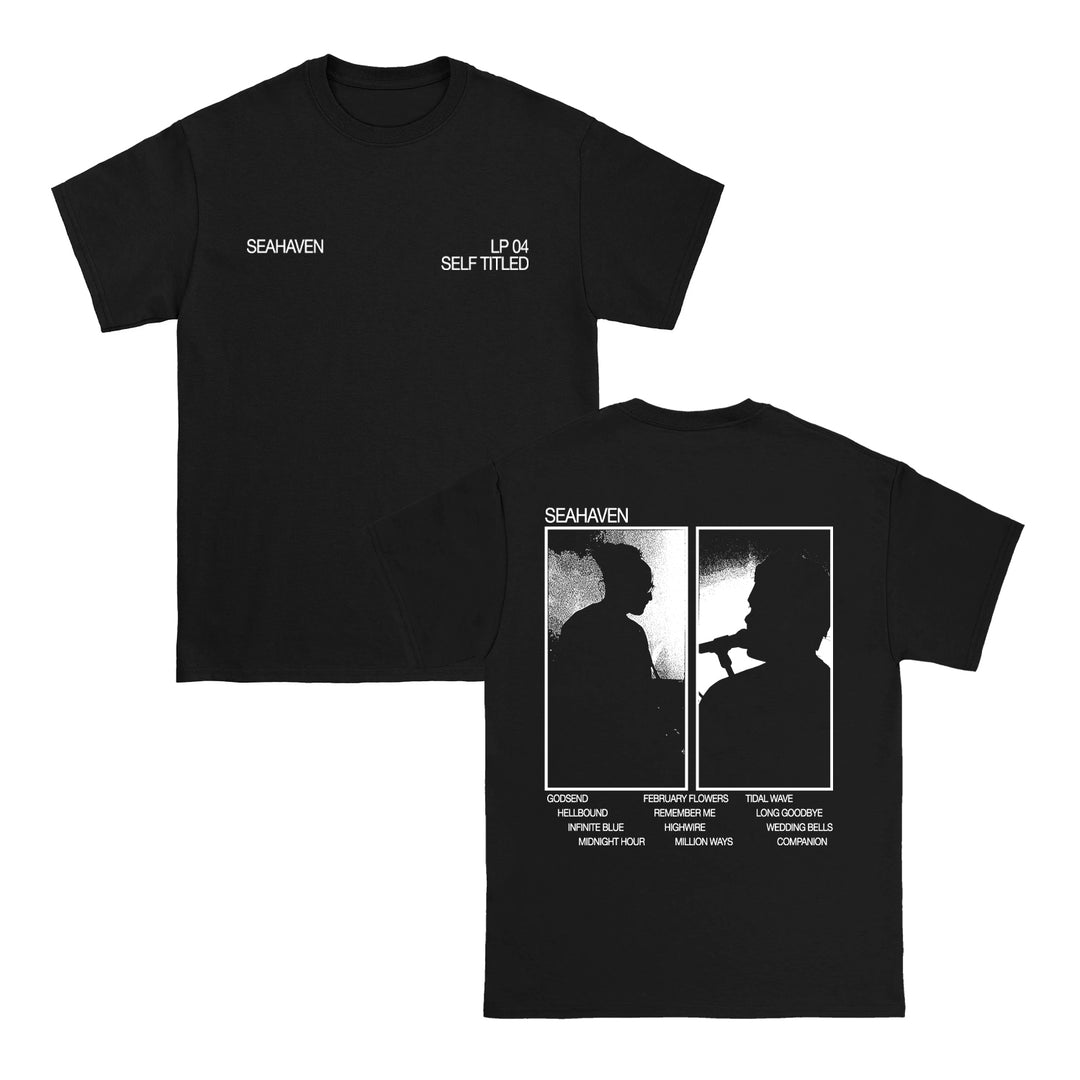 Seahaven black cotton t-shirt featuring "LP04 SELF TITLED" in white on the front; back displays two black-and-white silhouette photos, band name, and a song list—ideal for fans of bold printed tees.
