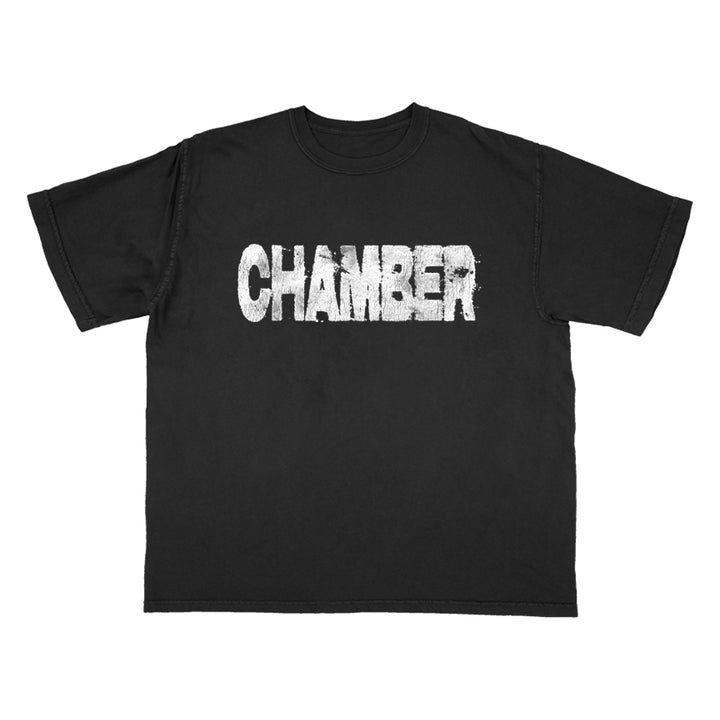 A black Chamber Comfort Colors t-shirt with CHAMBER printed in large, distressed white letters across the chest.