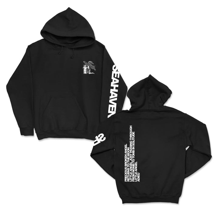 Seahaven black printed pullover hoodie with SEAHAVEN in white down the right sleeve, a small front left chest graphic, and vertical white text on the back. Midweight style shown from both front and back.