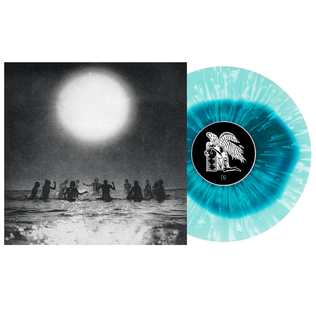 A Seahaven vinyl with a blue and white marbled pattern is displayed beside its cover, which shows a black and white photo of people standing in water under a bright sun. Release year: 2026.