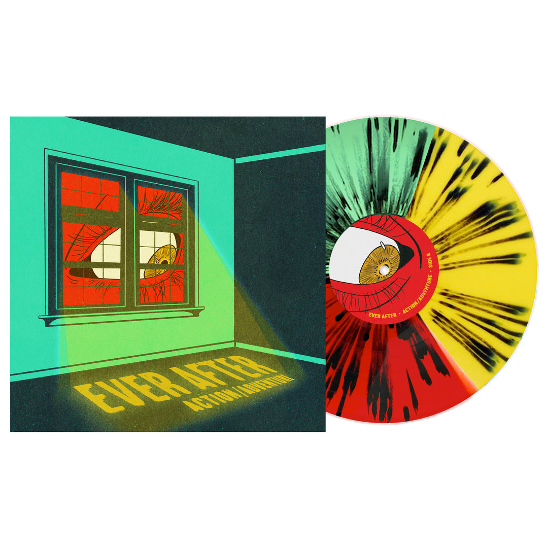 Action/Adventure Ever After Vinyl LP presale: Includes album cover showing a shadowy room with light streaming in and an eye peering through the window. The Red/Mint/Yellow Tri-Slice vinyl features an illustrated eye at its center.