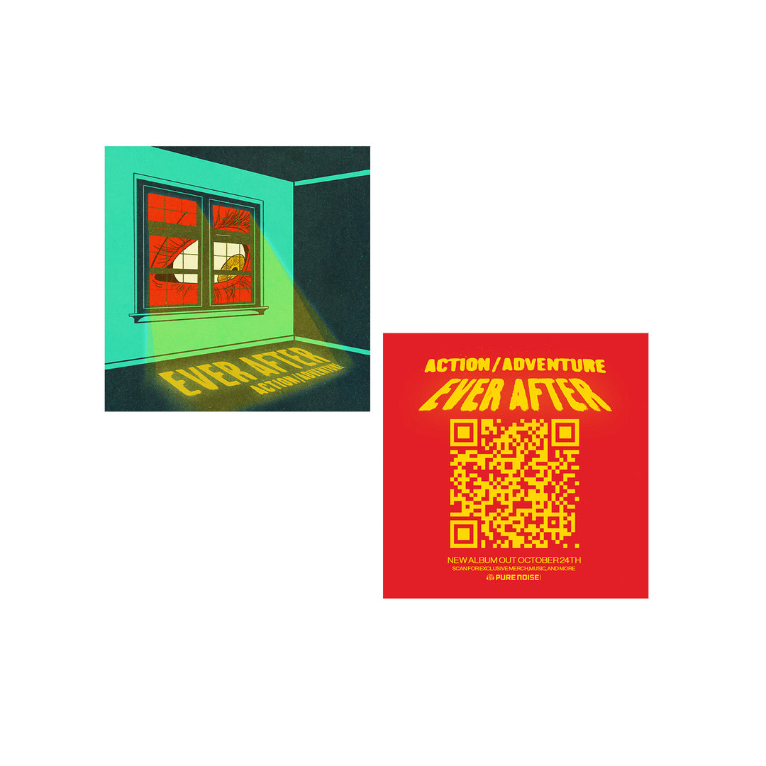An album cover shows light through a window spelling out Ever After and Action/Adventure on the floor, next to a red square with yellow text and a QR code promoting the Ever After album release from Action/Adventure.