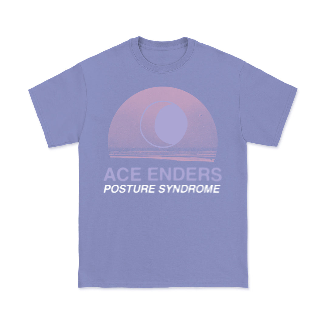 Ace Enders light purple Gildan tee featuring a retro sun and two circles. "ACE ENDERS" appears in white and "POSTURE SYNDROME" in light pink, both uppercase—a bold custom design from the Ace Enders brand.