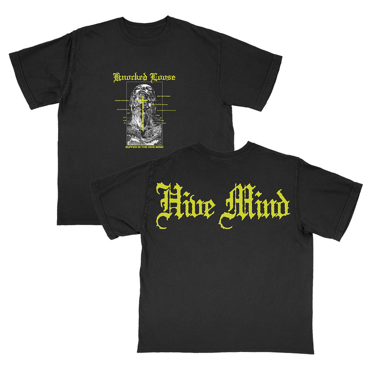 Black printed t-shirt by Knocked Loose with yellow text. Front: band name above a distressed image of a woman, smaller text below. Back: large yellow gothic-style "Hive Mind" text.