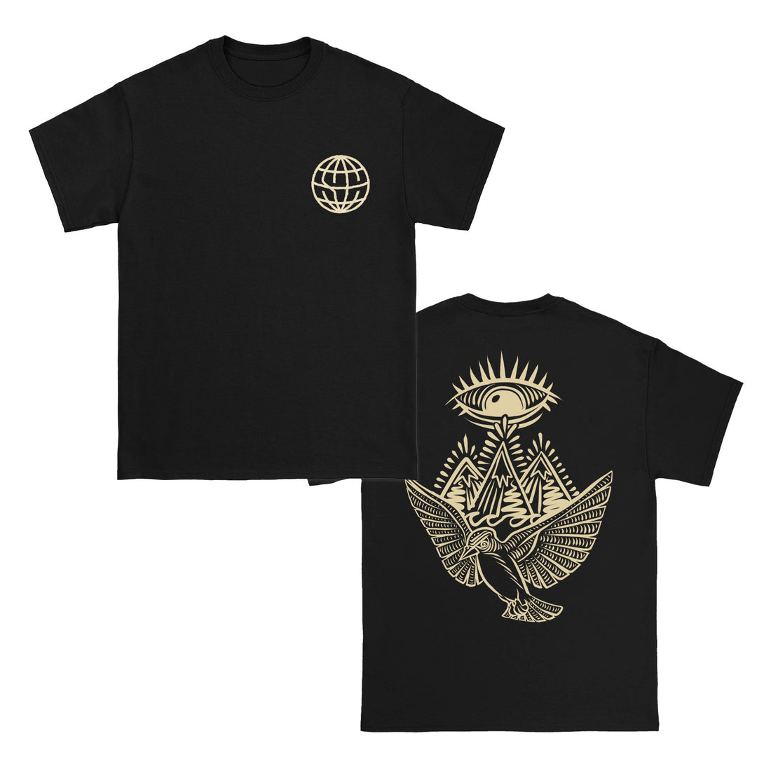 State Champs black t-shirt featuring a small globe emblem on the front left chest and a bold beige or gold back print with an eye above mountains and an eagle with spread wings.