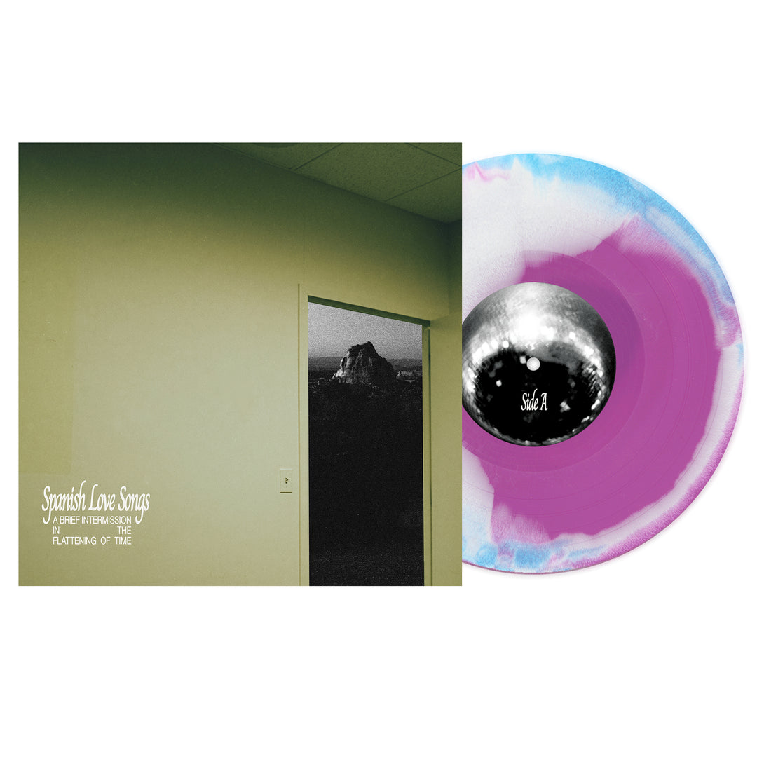 Spanish Love Songs’ “A Part of Me/Intermission/Fluttering of Time” album cover shows a beige wall with a black-and-white view, alongside a pink, white, and blue marbled “A Brief Intermission In The Flattening Of Time” vinyl.