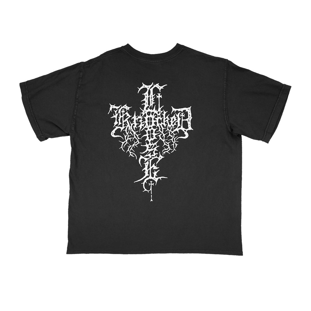 Black Knocked Loose LA Apparel t-shirt featuring intricate white gothic text in spiky, stylized letters arranged vertically in a cross pattern on the back.