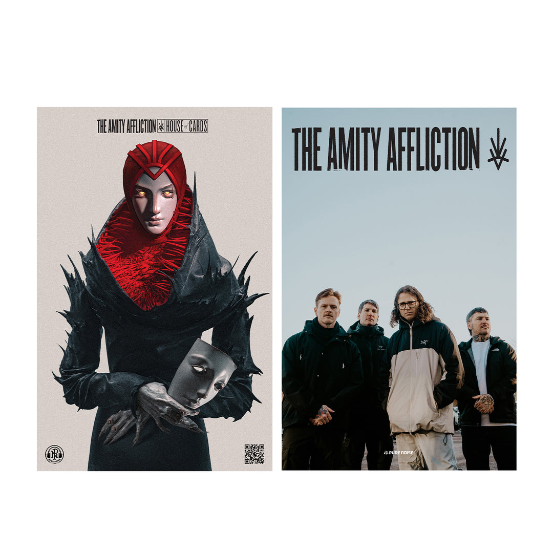 Two 11x17 posters: the left shows a stylized figure with a red headpiece holding a mask; the right features five men outdoors under clouds with "The Amity Affliction" above.