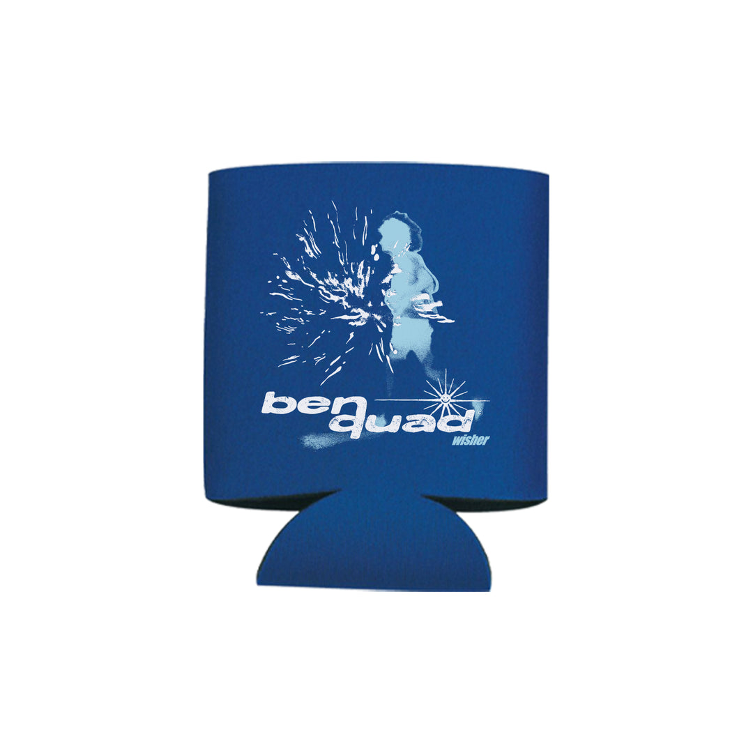 Blue Koozie by Ben Quad featuring a white silhouette of a person with sparks flying and ben quad wisher text printed below the image.