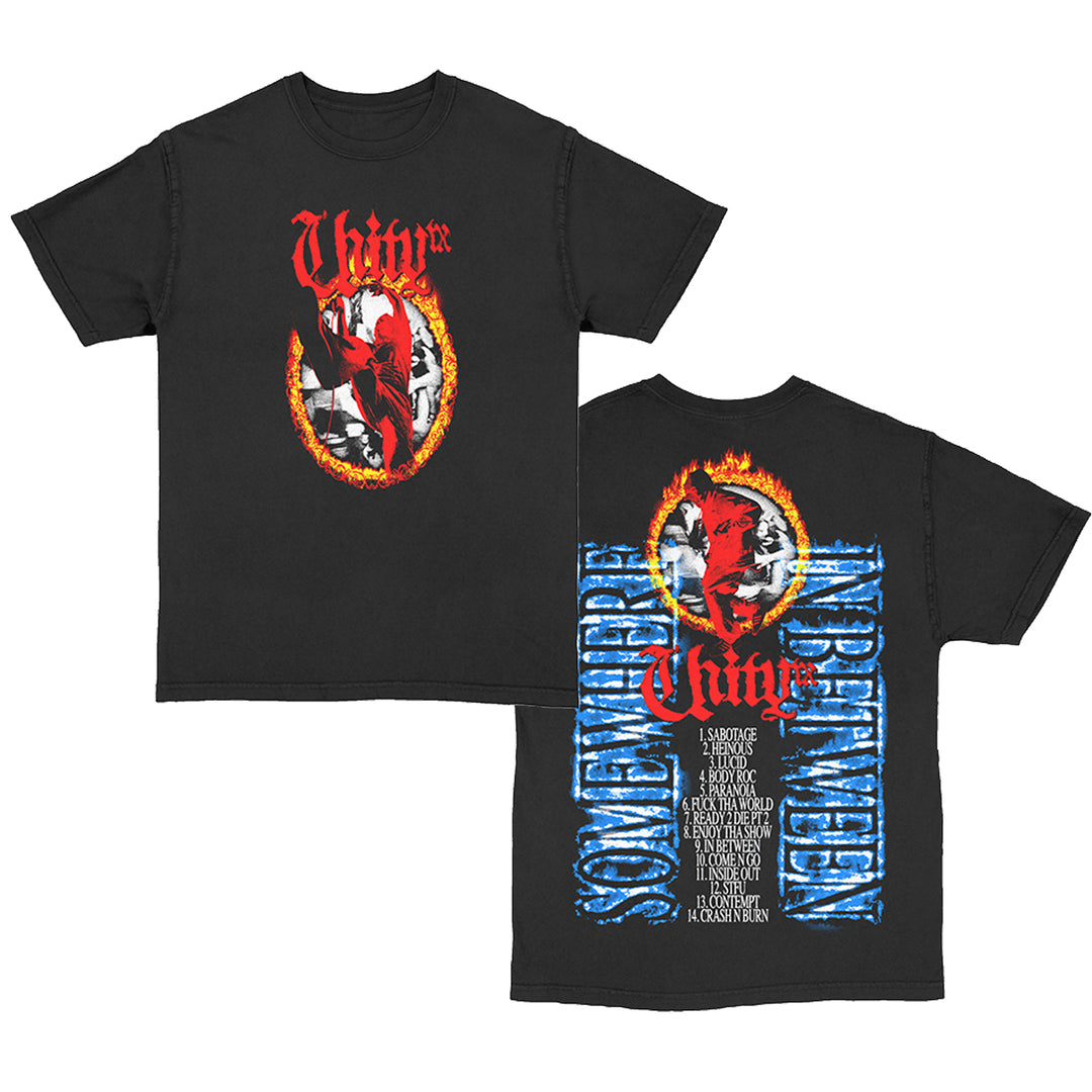 UNITYTX black Comfort Colors T-shirt featuring a red devil-like figure in flames and "Unify" text on the front; back displays the same figure, "Unify" text, a bold blue-white band list, and Soundwave/Unify In Between text.