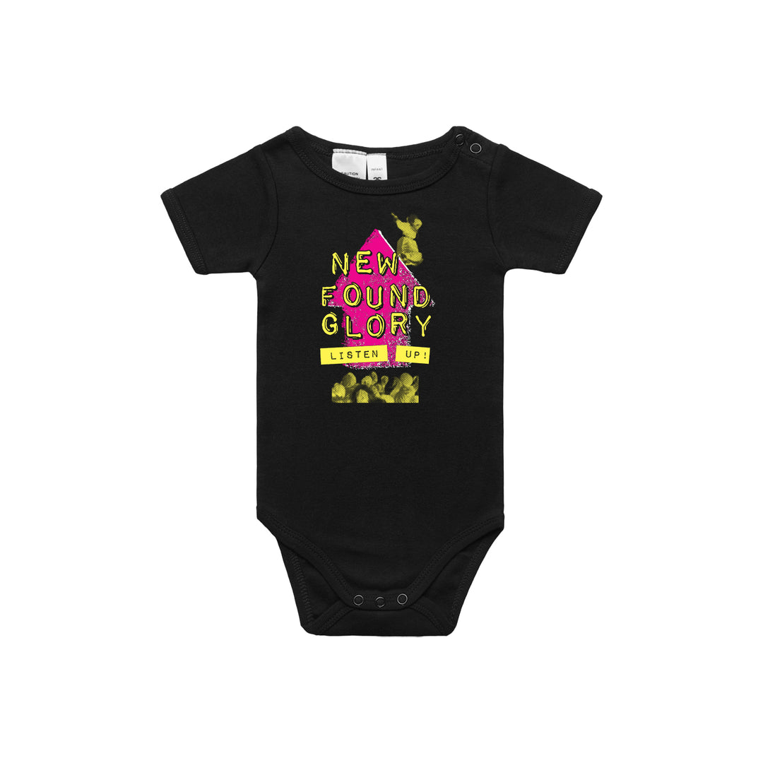Black onesie featuring a vibrant graphic with "New Found Glory" and "Listen Up!" text, surrounded by abstract yellow and pink designs.