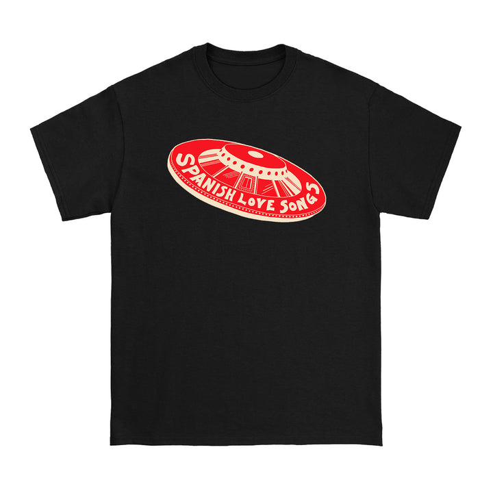 This Spanish Love Songs UFO Black t-shirt showcases a bold red and white sombrero graphic with SPANISH LOVE SONGS printed across the brim.