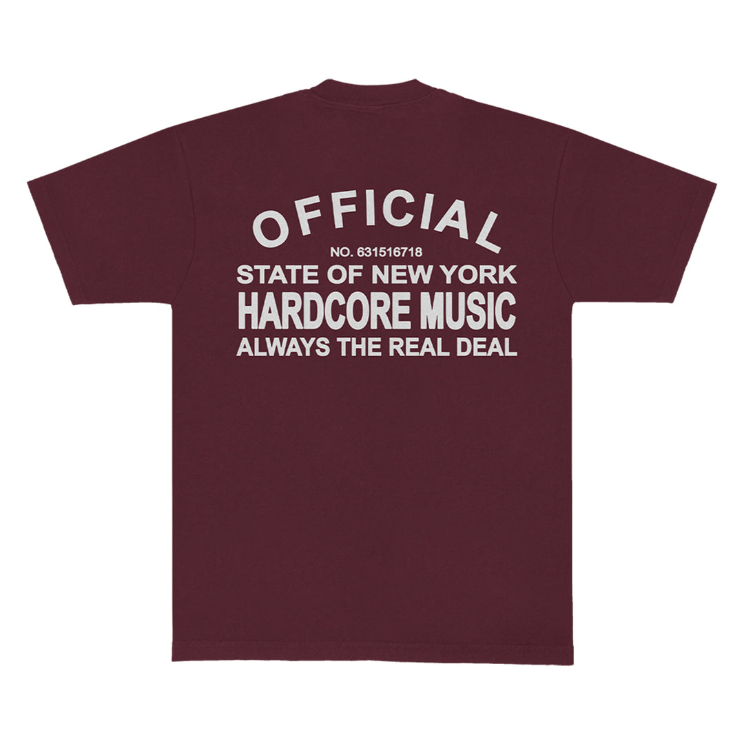 A maroon KOYO T-shirt with bold white text on the back: OFFICIAL STATE OF NEW YORK HARDCORE MUSIC ALWAYS THE REAL DEAL NO. 631516718—perfect for standout style and a zero-emissions wardrobe.