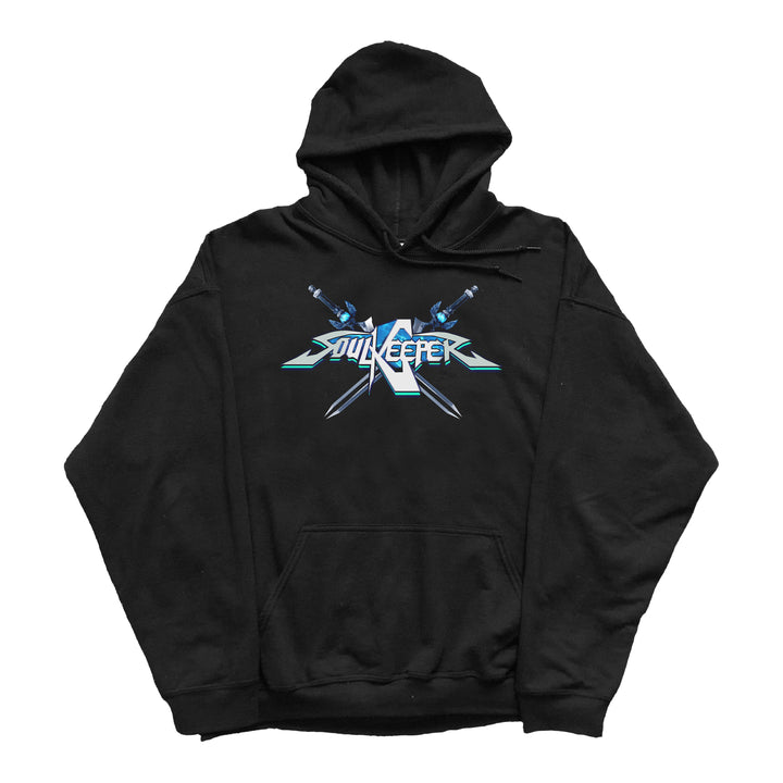 Soulkeeper black hoodie featuring two crossed swords and SOULKEEPER in bold blue and white text. This midweight pullover has a front pocket and drawstring hood, combining stylish comfort with practical features.