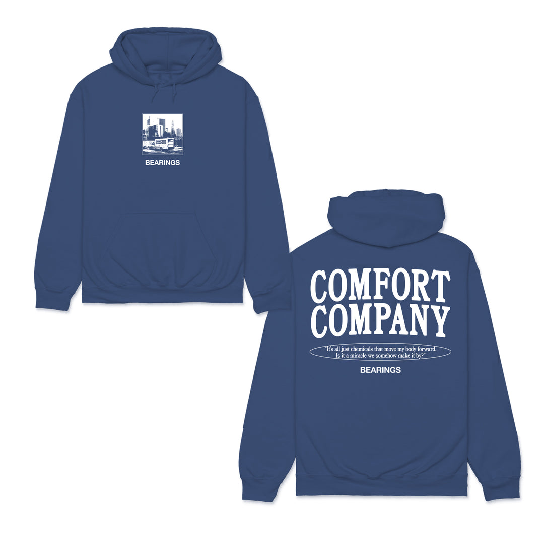 Bearings blue hoodie featuring a cityscape and Bearings on the front. The back displays bold COMFORT COMPANY text, a quote, and the Bearings logo. Ideal for fans of Bearings wheelchair accessories seeking stylish comfort. Front and back shown.