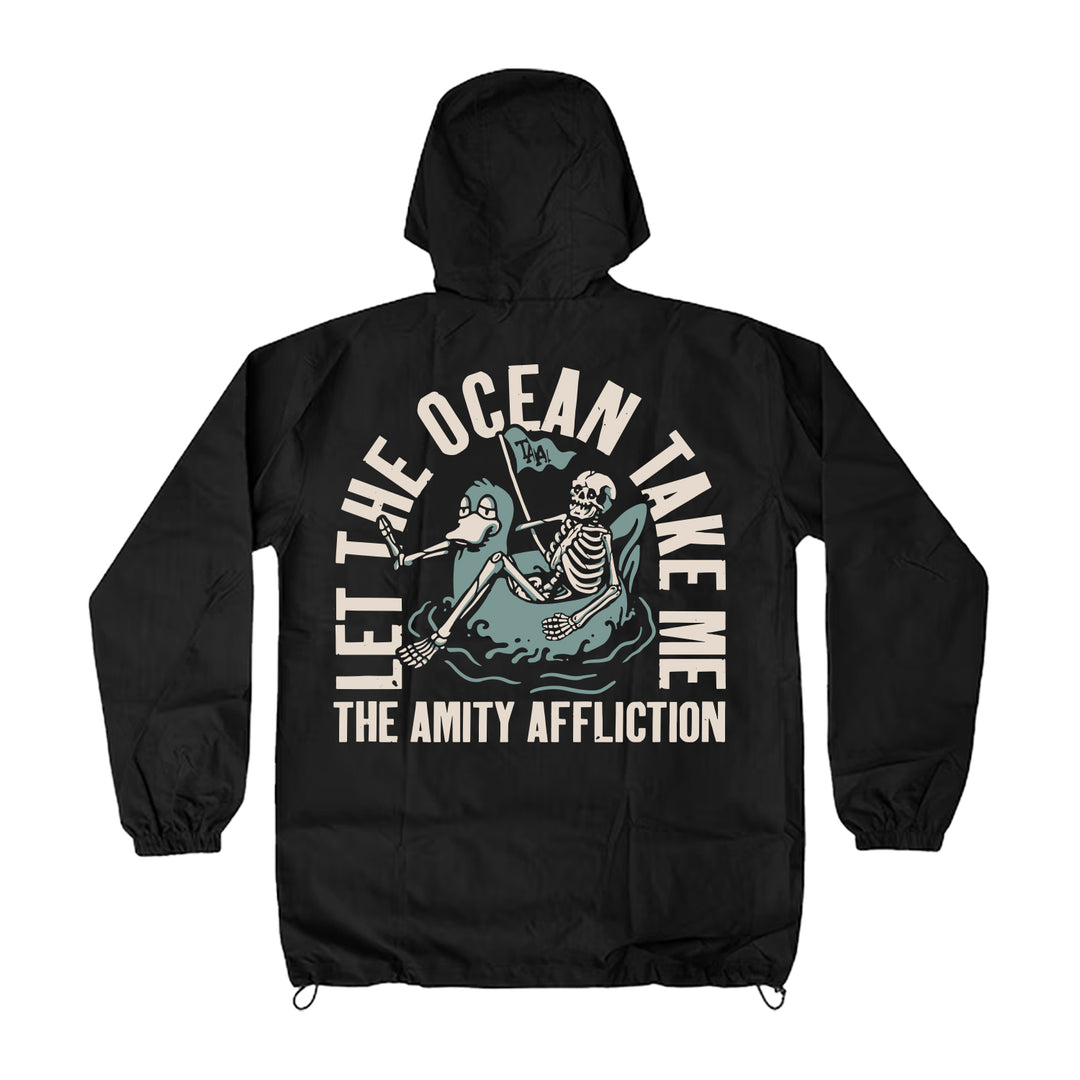 The Amity Affliction black windbreaker with a skeleton lounging in water, "Let The Ocean Take Me" above and the band name below the illustration.