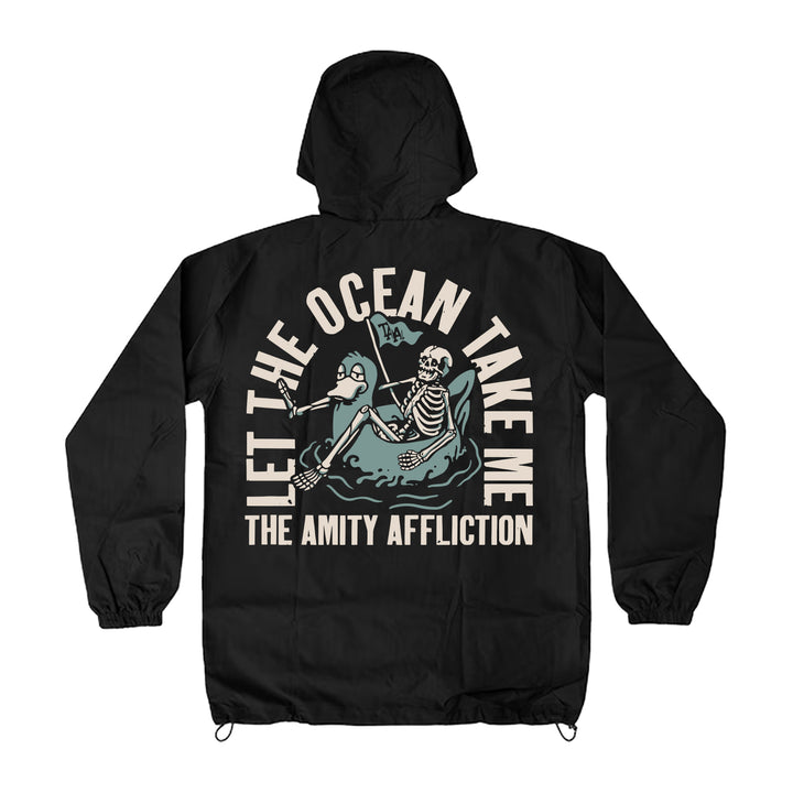 The Amity Affliction black windbreaker with a skeleton lounging in water, "Let The Ocean Take Me" above and the band name below the illustration.