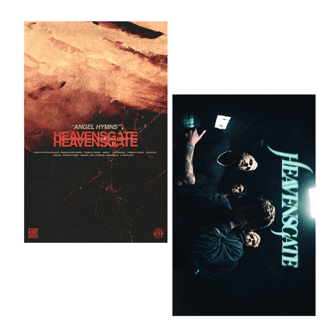 Two images: left, an abstract reddish-brown 11x17 Heavensgate poster with bold branding; right, four people beneath a neon Heavensgate sign in a dark atmosphere, capturing angelic and moody vibes.