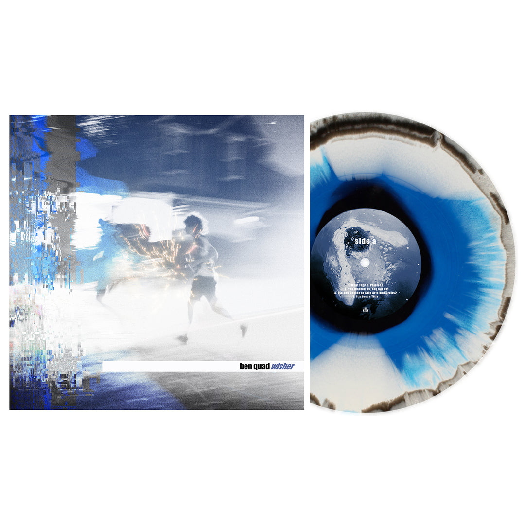 A Ben Quad Wisher blue vinyl with black, white, and blue splatter sits beside its album cover showing a blurred figure running at night with blue and white glitch effects. The text reads “ben quad wisher.”.